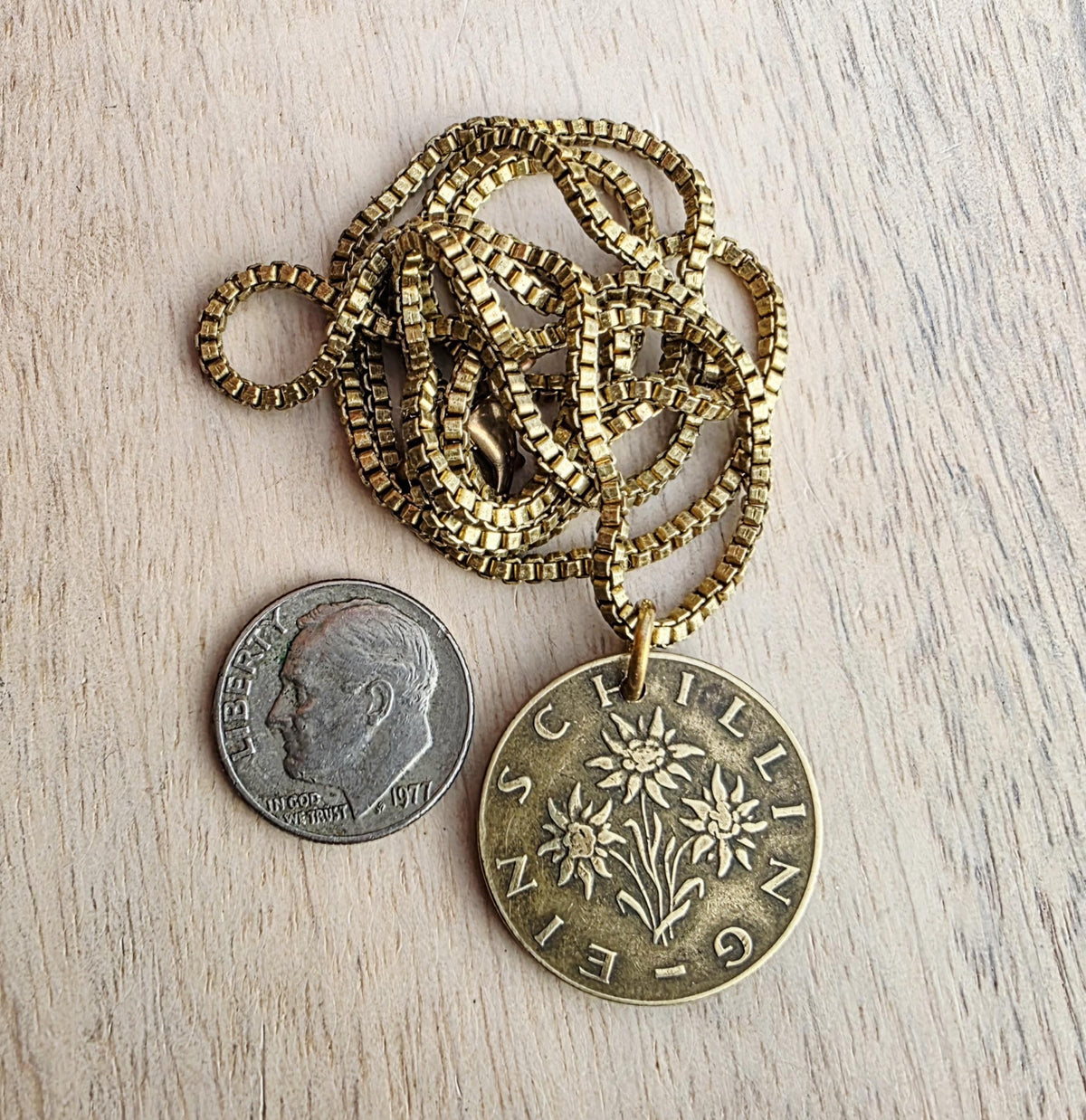 Austrian Schilling Flower Coin Necklace, Brass, Box Chain, Lobster Claw Clasp, Made in USA, Gift Boxed