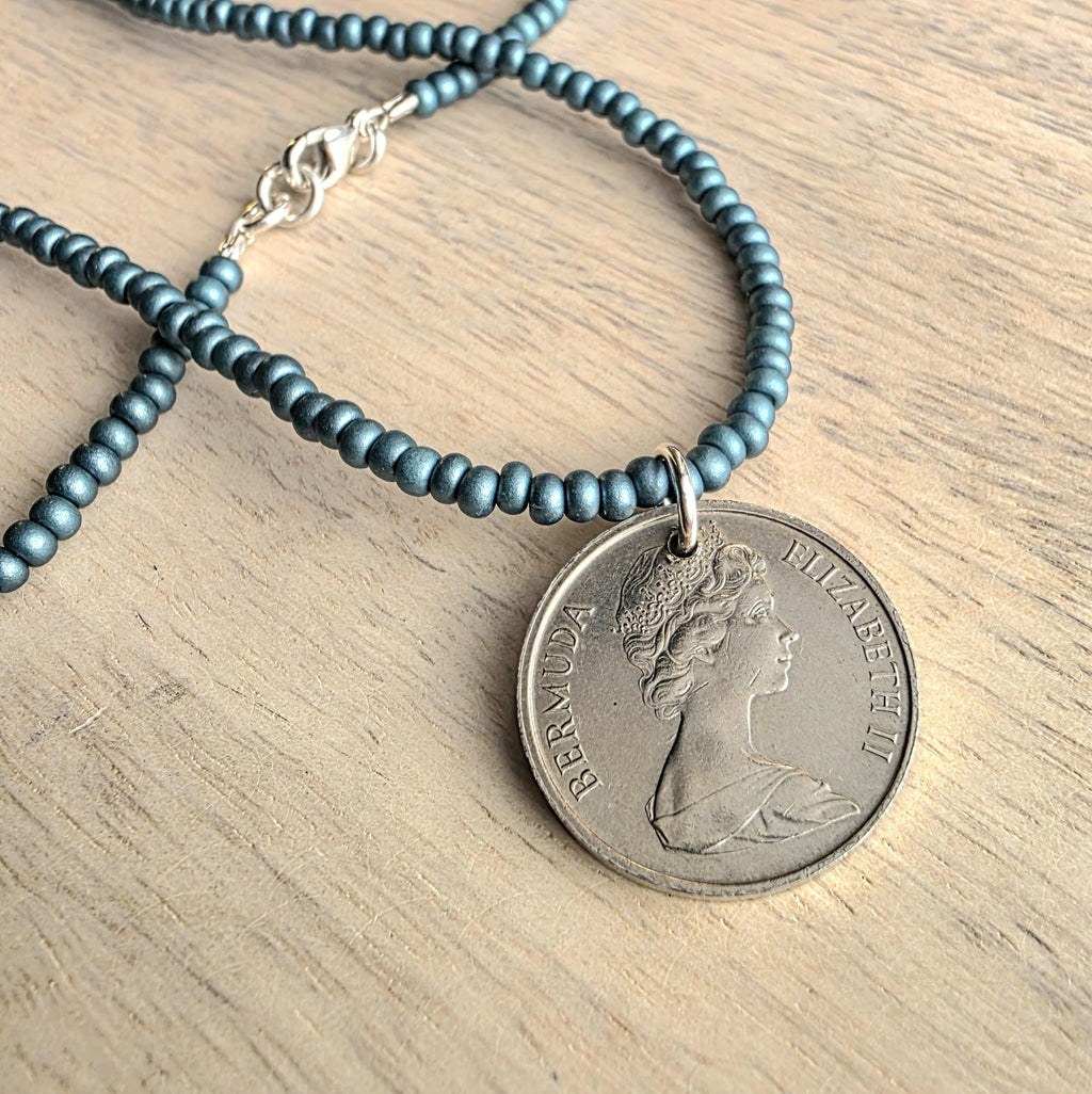 1970 Bermuda Fish Coin Necklace, Dark Peacock Teal Glass Seed Bead Chain, 5 Cents, Gift Boxed, Made in USA