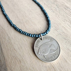 1970 Bermuda Fish Coin Necklace, Dark Peacock Teal Glass Seed Bead Chain, 5 Cents, Gift Boxed, Made in USA