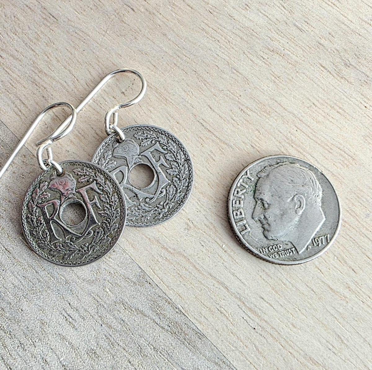 French Washer Coin Earrings, .925 Sterling Silver Ear Wires, 5 Cents, Handcrafted USA, E. Ria Designs, Gift Box