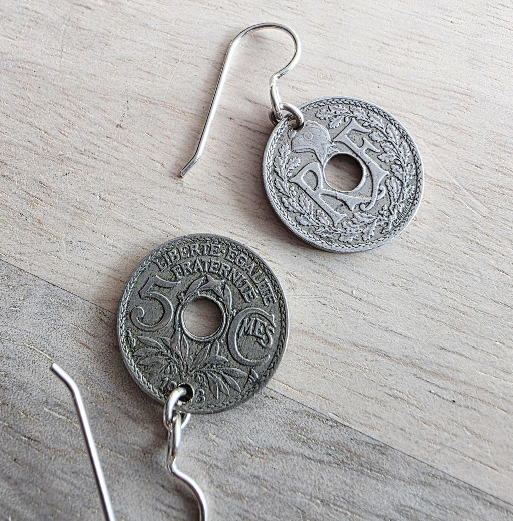 French Washer Coin Earrings, .925 Sterling Silver Ear Wires, 5 Cents, Handcrafted USA, E. Ria Designs, Gift Box