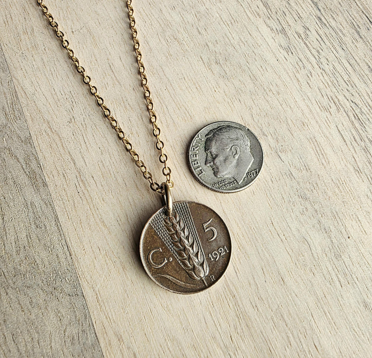 Antique 1921 Italian Coin Necklace, 5 Centesimi Wheat Sheaf, Red Brass Cable Chain, Birthday Gift Boxed, Made in USA, E. Ria Designs