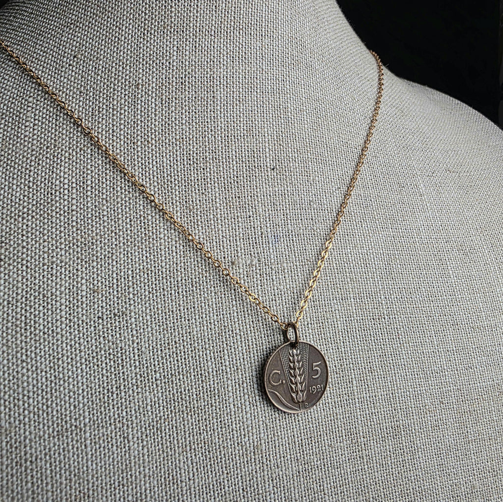 Antique 1921 Italian Coin Necklace, 5 Centesimi Wheat Sheaf, Red Brass Cable Chain, Birthday Gift Boxed, Made in USA, E. Ria Designs