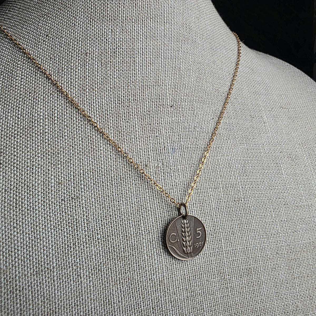 Antique 1921 Italian Coin Necklace, 5 Centesimi Wheat Sheaf, Red Brass Cable Chain, Birthday Gift Boxed, Made in USA, E. Ria Designs