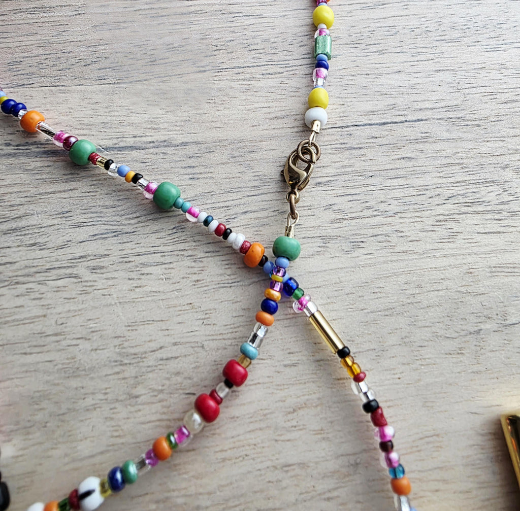 Christian Cross Necklace, Brass Pendant , Mixed Color Seed Bead Necklace, Made in USA, E. Ria Designs