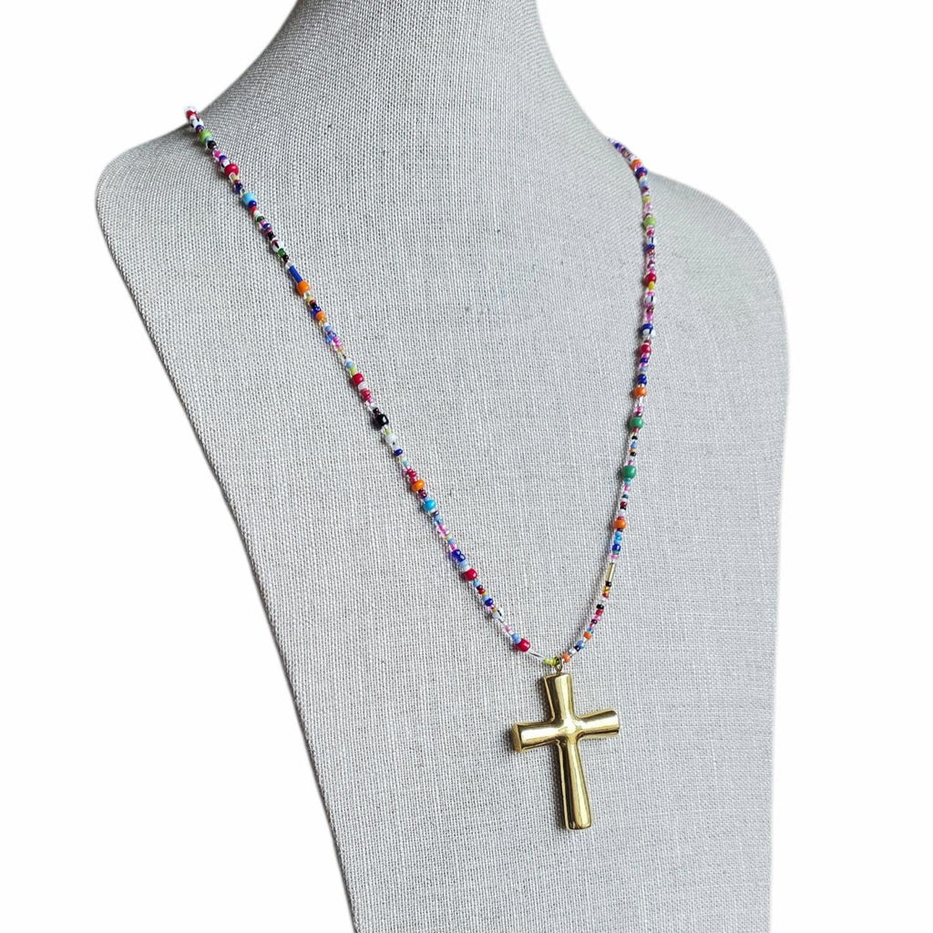 Christian Cross Necklace, Brass Pendant , Mixed Color Seed Bead Necklace, Made in USA, E. Ria Designs