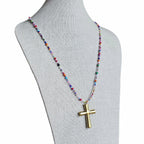 Christian Cross Necklace, Brass Pendant , Mixed Color Seed Bead Necklace, Made in USA, E. Ria Designs