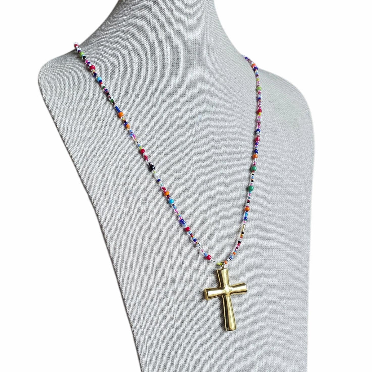 Christian Cross Necklace, Brass Pendant , Mixed Color Seed Bead Necklace, Made in USA, E. Ria Designs