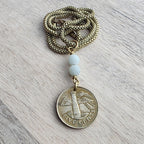 Vintage 1998 Barbados Lighthouse Coin Necklace, Brass Box Chain, Amazonite Beads, Gift Boxed, Made in USA, E. Ria Designs