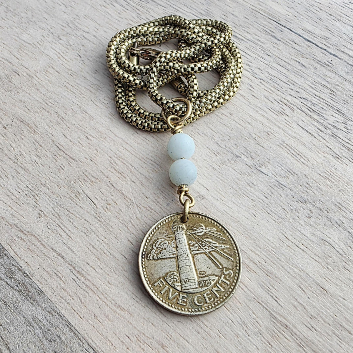 Vintage 1998 Barbados Lighthouse Coin Necklace, Brass Box Chain, Amazonite Beads, Gift Boxed, Made in USA, E. Ria Designs