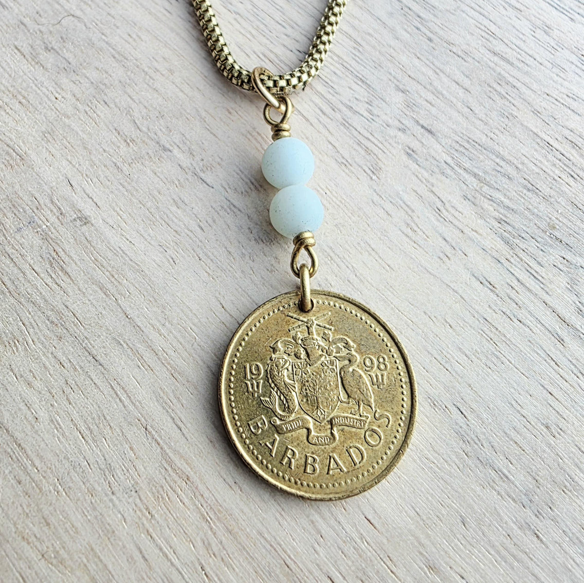 Vintage 1998 Barbados Lighthouse Coin Necklace, Brass Box Chain, Amazonite Beads, Gift Boxed, Made in USA, E. Ria Designs