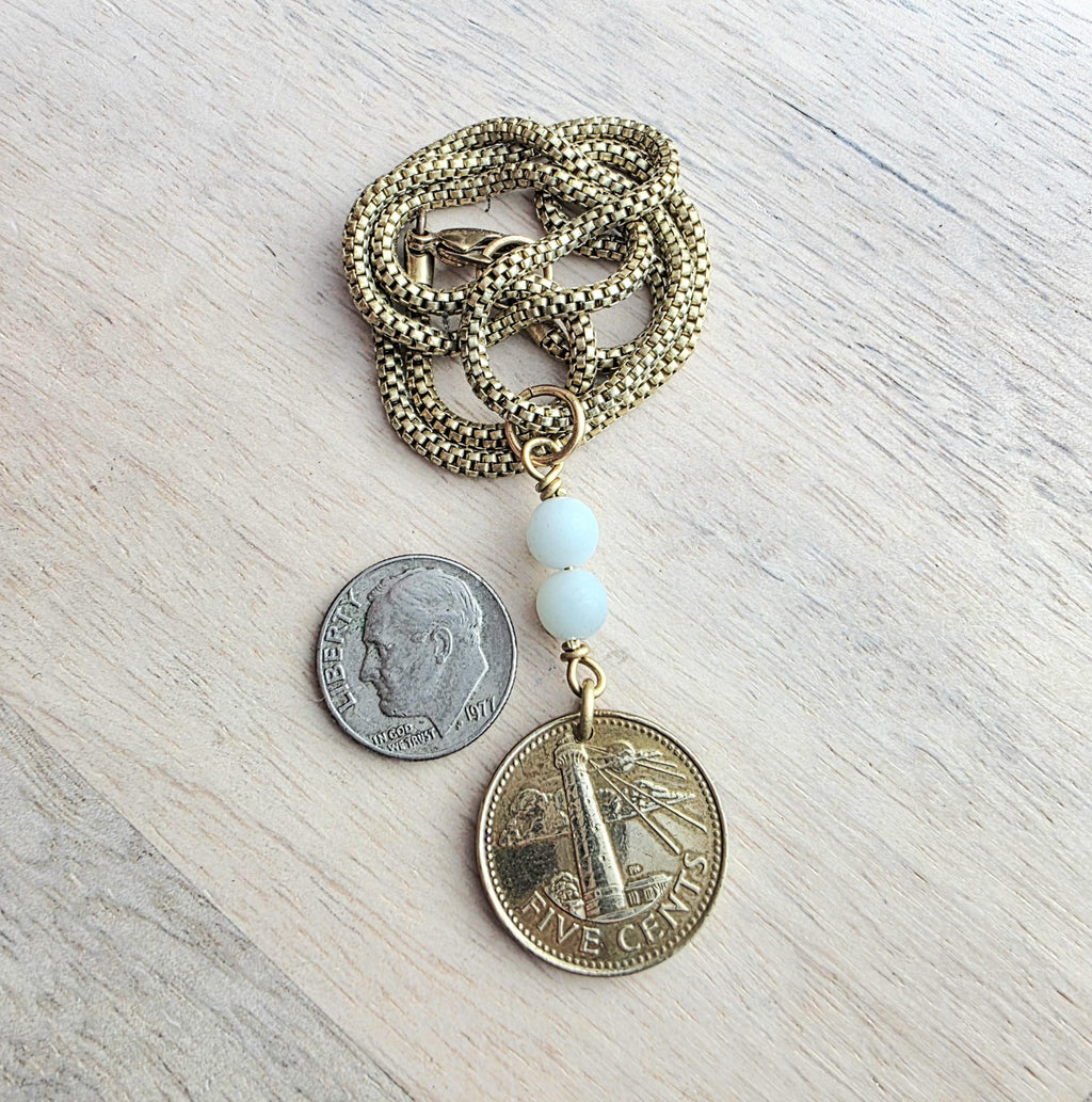 Vintage 1998 Barbados Lighthouse Coin Necklace, Brass Box Chain, Amazonite Beads, Gift Boxed, Made in USA, E. Ria Designs