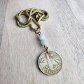 Vintage 1998 Barbados Lighthouse Coin Necklace, Brass Box Chain, Amazonite Beads, Gift Boxed, Made in USA, E. Ria Designs