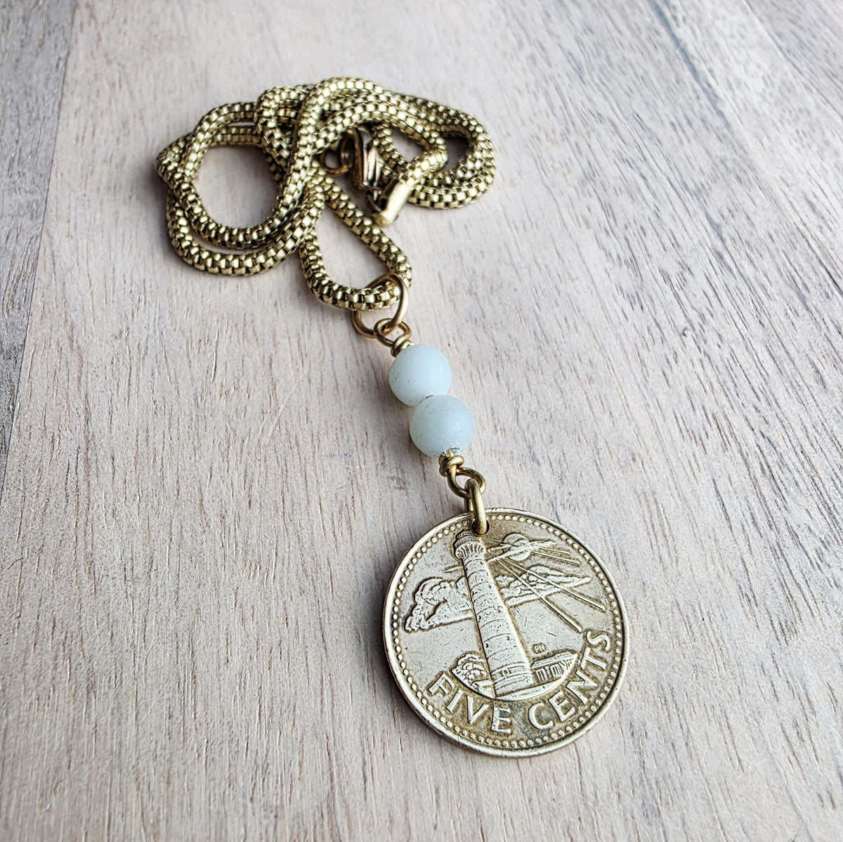 Vintage 1998 Barbados Lighthouse Coin Necklace, Brass Box Chain, Amazonite Beads, Gift Boxed, Made in USA, E. Ria Designs