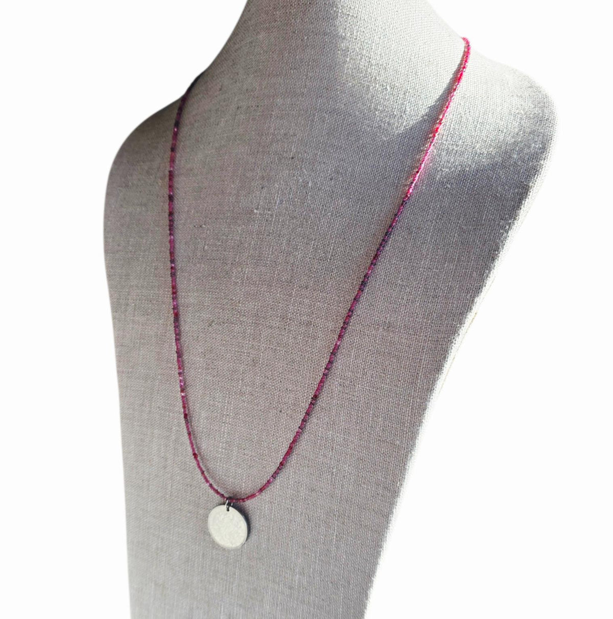 Chinese 2010 1 Yuan Coin Necklace, Cranberry Glass Beaded Long Chain, Pinks & Fuchsia, Pewter Toggle Clasp, 30" Handmade in USA, Gift Box
