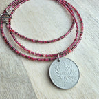 Chinese 2010 1 Yuan Coin Necklace, Cranberry Glass Beaded Long Chain, Pinks & Fuchsia, Pewter Toggle Clasp, 30" Handmade in USA, Gift Box
