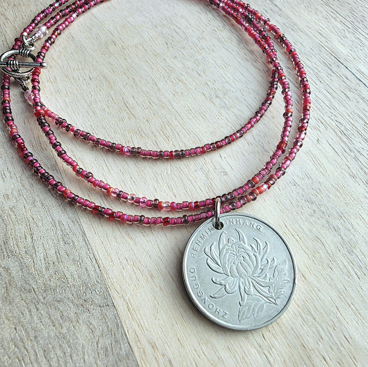 Chinese 2010 1 Yuan Coin Necklace, Cranberry Glass Beaded Long Chain, Pinks & Fuchsia, Pewter Toggle Clasp, 30" Handmade in USA, Gift Box