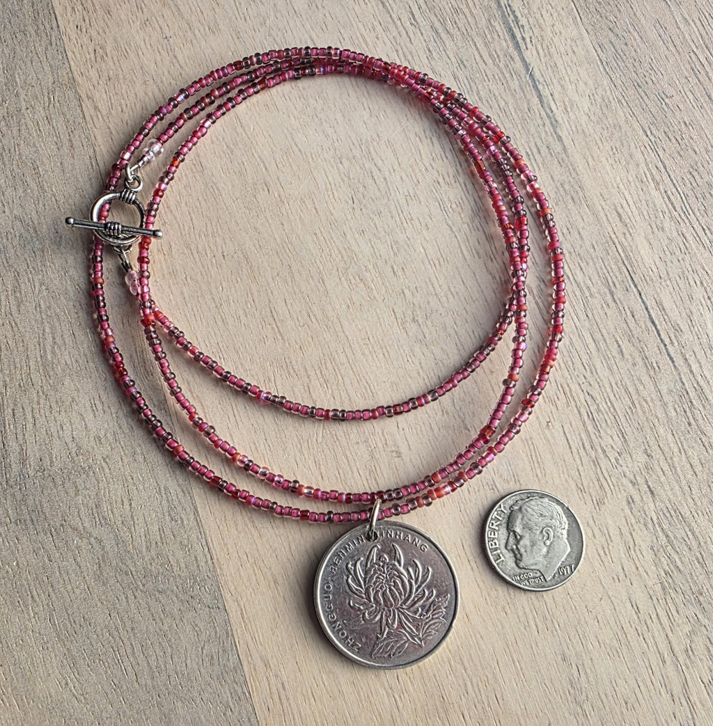Chinese 2010 1 Yuan Coin Necklace, Cranberry Glass Beaded Long Chain, Pinks & Fuchsia, Pewter Toggle Clasp, 30" Handmade in USA, Gift Box