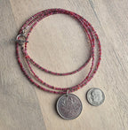 Chinese 2010 1 Yuan Coin Necklace, Cranberry Glass Beaded Long Chain, Pinks & Fuchsia, Pewter Toggle Clasp, 30" Handmade in USA, Gift Box