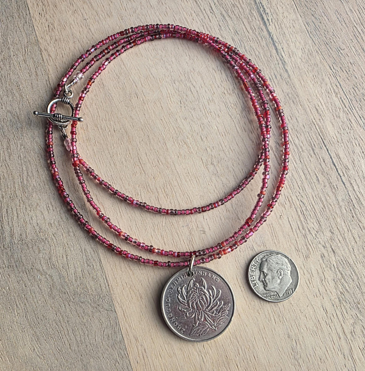 Chinese 2010 1 Yuan Coin Necklace, Cranberry Glass Beaded Long Chain, Pinks & Fuchsia, Pewter Toggle Clasp, 30" Handmade in USA, Gift Box
