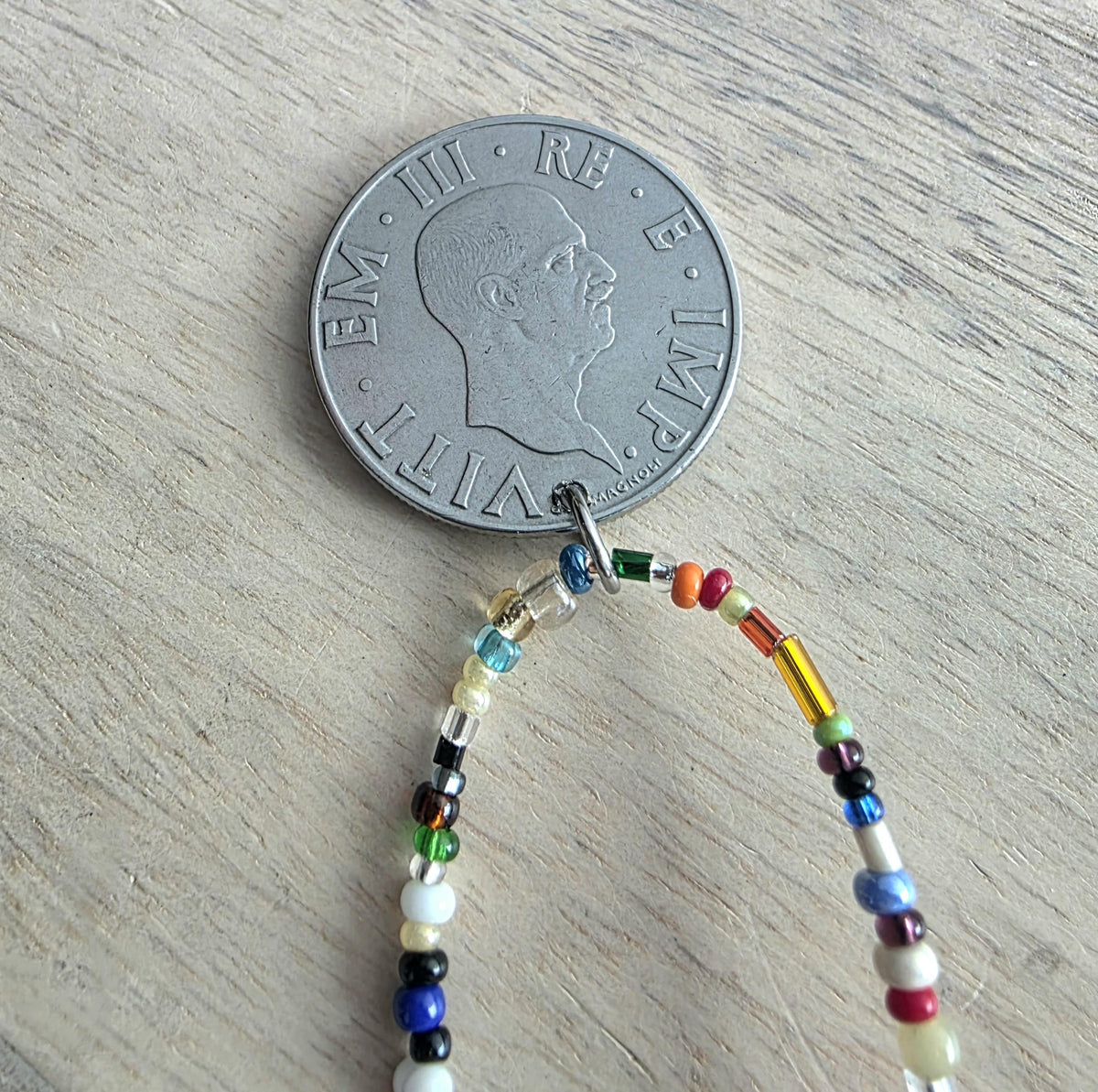 Genuine Italian Coin Necklace, Old Italy 2 Lira, Mixed Color Seed Bead Necklace, Made in USA, E. Ria Designs