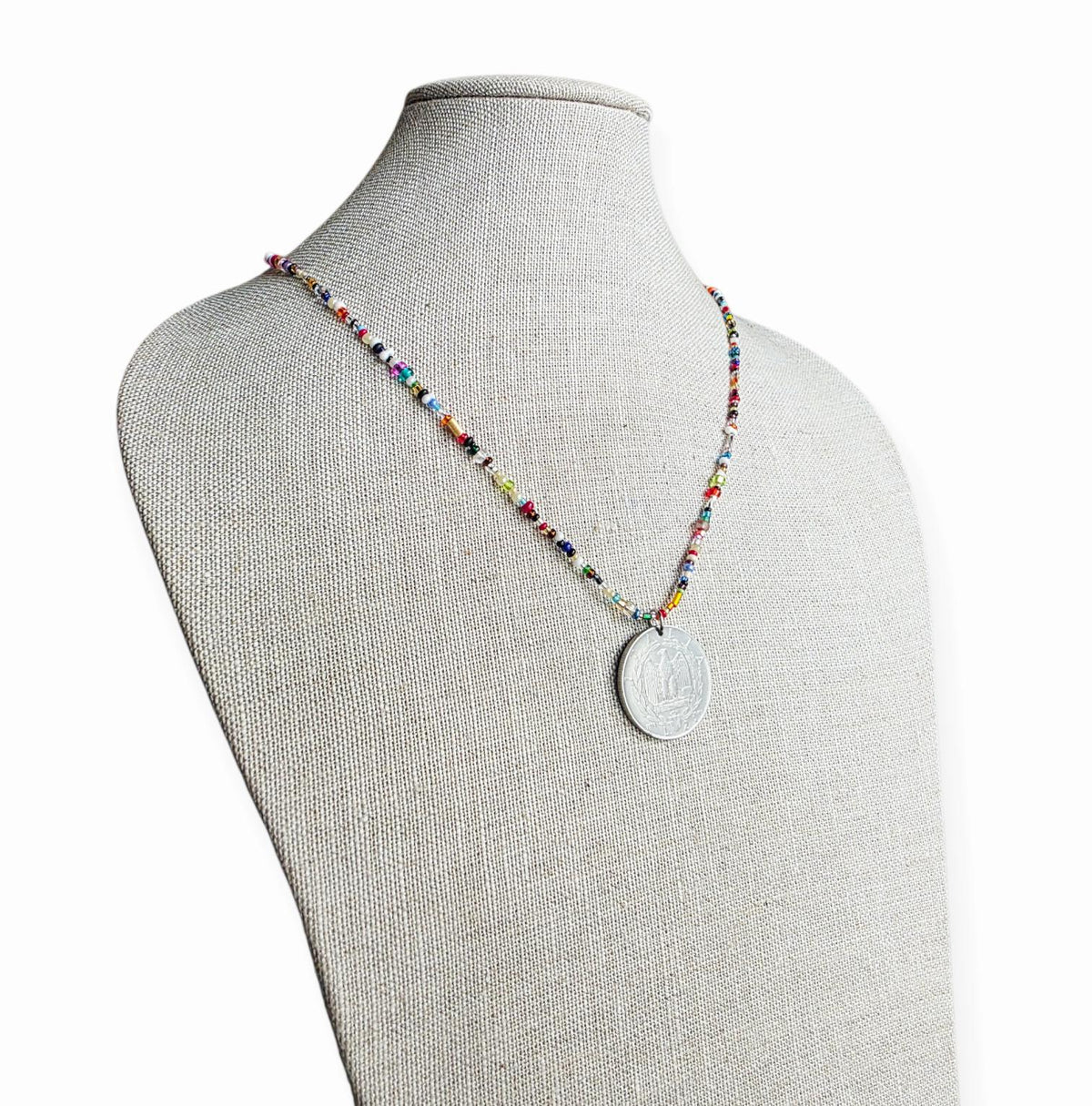 Genuine Italian Coin Necklace, Old Italy 2 Lira, Mixed Color Seed Bead Necklace, Made in USA, E. Ria Designs