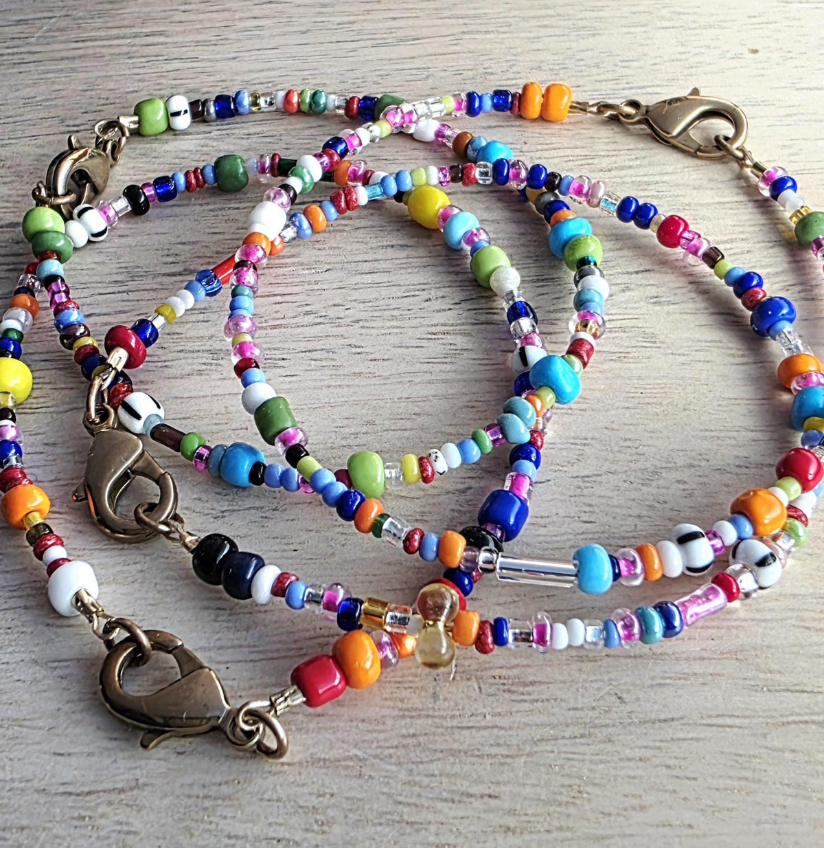 Multi-Colored Glass Seed Bead Bracelet, Mixed Sizes, Brass Lobster Claw Clasp, Gift Boxed, Made in USA
