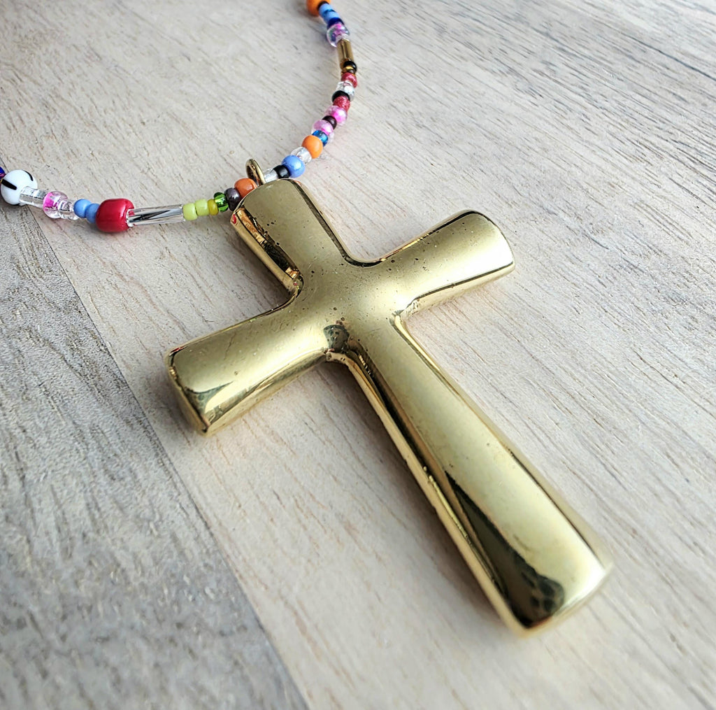 Christian Cross Necklace, Brass Pendant , Mixed Color Seed Bead Necklace, Made in USA, E. Ria Designs