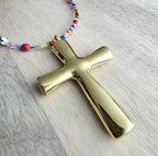 Christian Cross Necklace, Brass Pendant , Mixed Color Seed Bead Necklace, Made in USA, E. Ria Designs