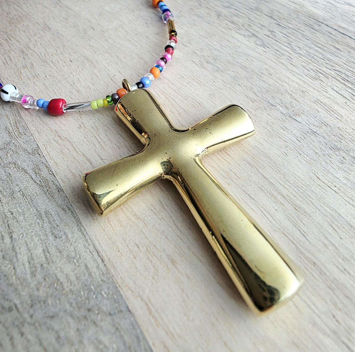 Christian Cross Necklace, Brass Pendant , Mixed Color Seed Bead Necklace, Made in USA, E. Ria Designs