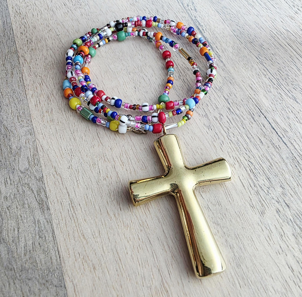 Christian Cross Necklace, Brass Pendant , Mixed Color Seed Bead Necklace, Made in USA, E. Ria Designs