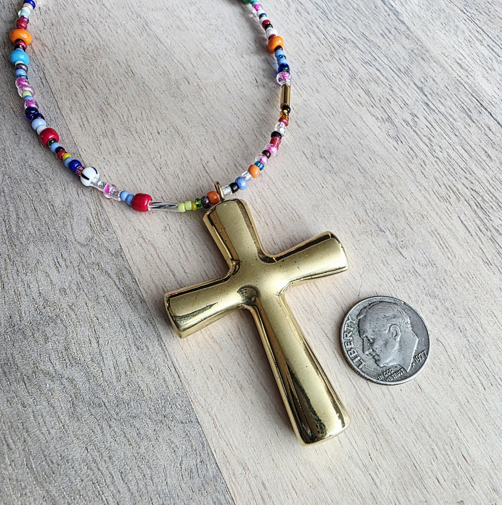 Christian Cross Necklace, Brass Pendant , Mixed Color Seed Bead Necklace, Made in USA, E. Ria Designs