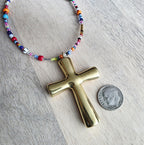 Christian Cross Necklace, Brass Pendant , Mixed Color Seed Bead Necklace, Made in USA, E. Ria Designs
