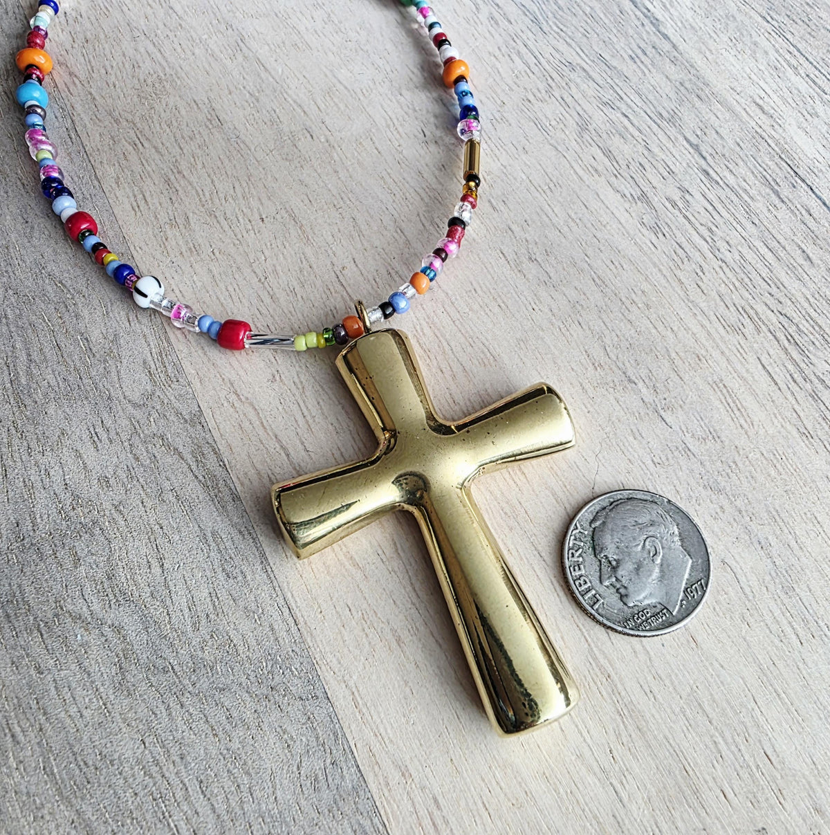 Christian Cross Necklace, Brass Pendant , Mixed Color Seed Bead Necklace, Made in USA, E. Ria Designs