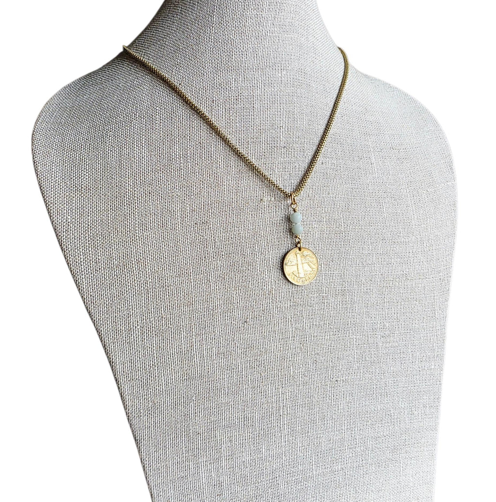 Vintage 1998 Barbados Lighthouse Coin Necklace, Brass Box Chain, Amazonite Beads, Gift Boxed, Made in USA, E. Ria Designs