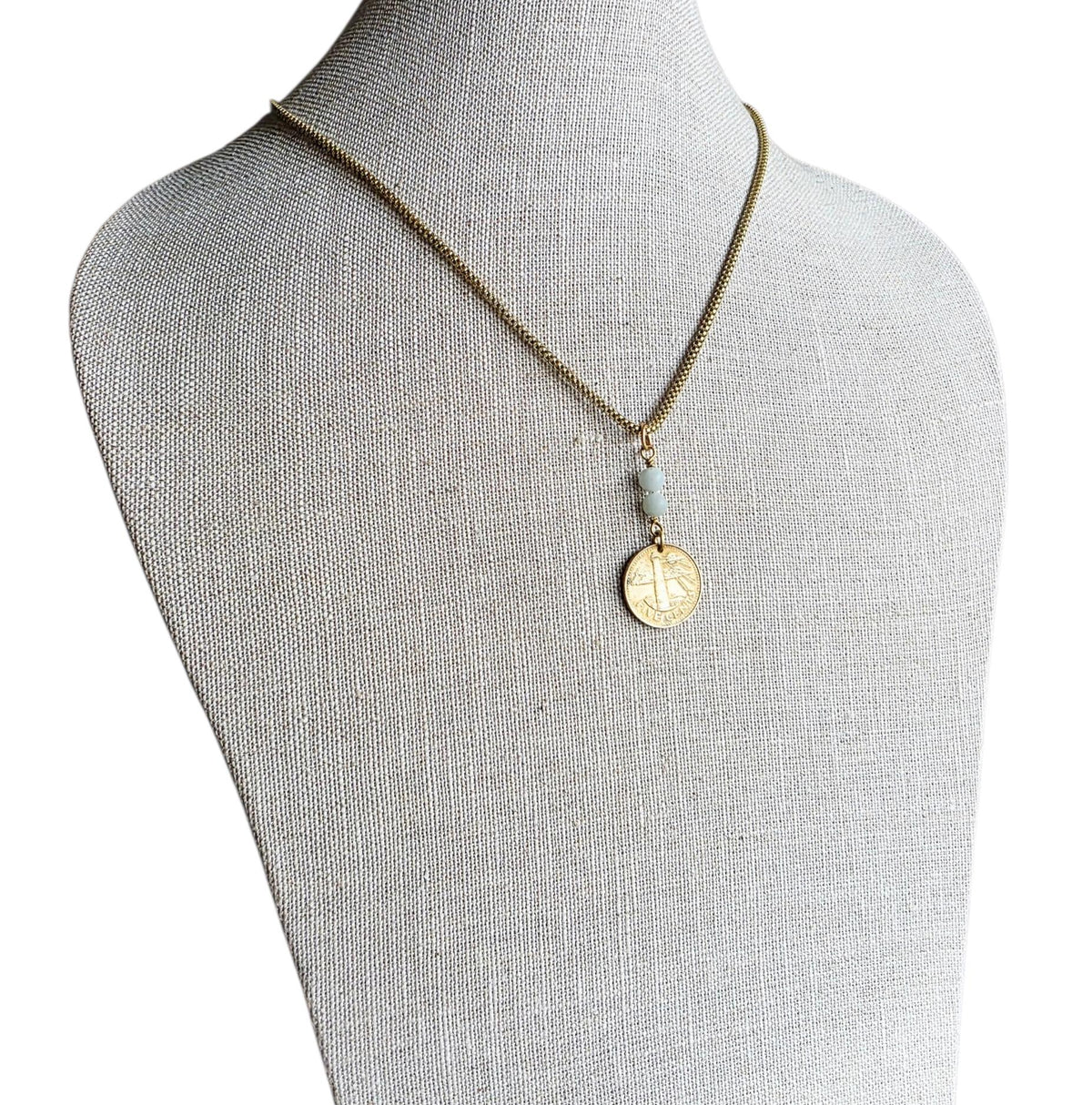 Vintage 1998 Barbados Lighthouse Coin Necklace, Brass Box Chain, Amazonite Beads, Gift Boxed, Made in USA, E. Ria Designs