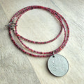 Chinese 2010 1 Yuan Coin Necklace, Cranberry Glass Beaded Long Chain, Pinks & Fuchsia, Pewter Toggle Clasp, 30" Handmade in USA, Gift Box