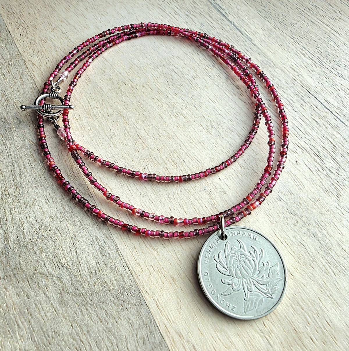 Chinese 2010 1 Yuan Coin Necklace, Cranberry Glass Beaded Long Chain, Pinks & Fuchsia, Pewter Toggle Clasp, 30" Handmade in USA, Gift Box
