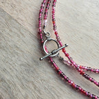 Chinese 2010 1 Yuan Coin Necklace, Cranberry Glass Beaded Long Chain, Pinks & Fuchsia, Pewter Toggle Clasp, 30" Handmade in USA, Gift Box