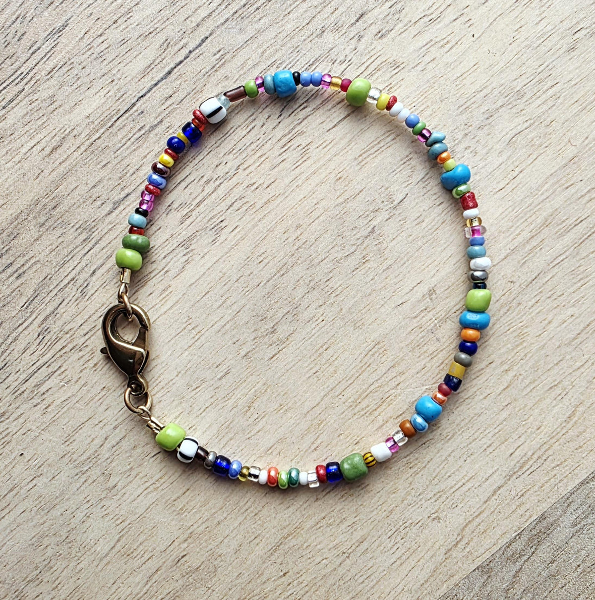 Multi-Colored Glass Seed Bead Bracelet, Mixed Sizes, Brass Lobster Claw Clasp, Gift Boxed, Made in USA