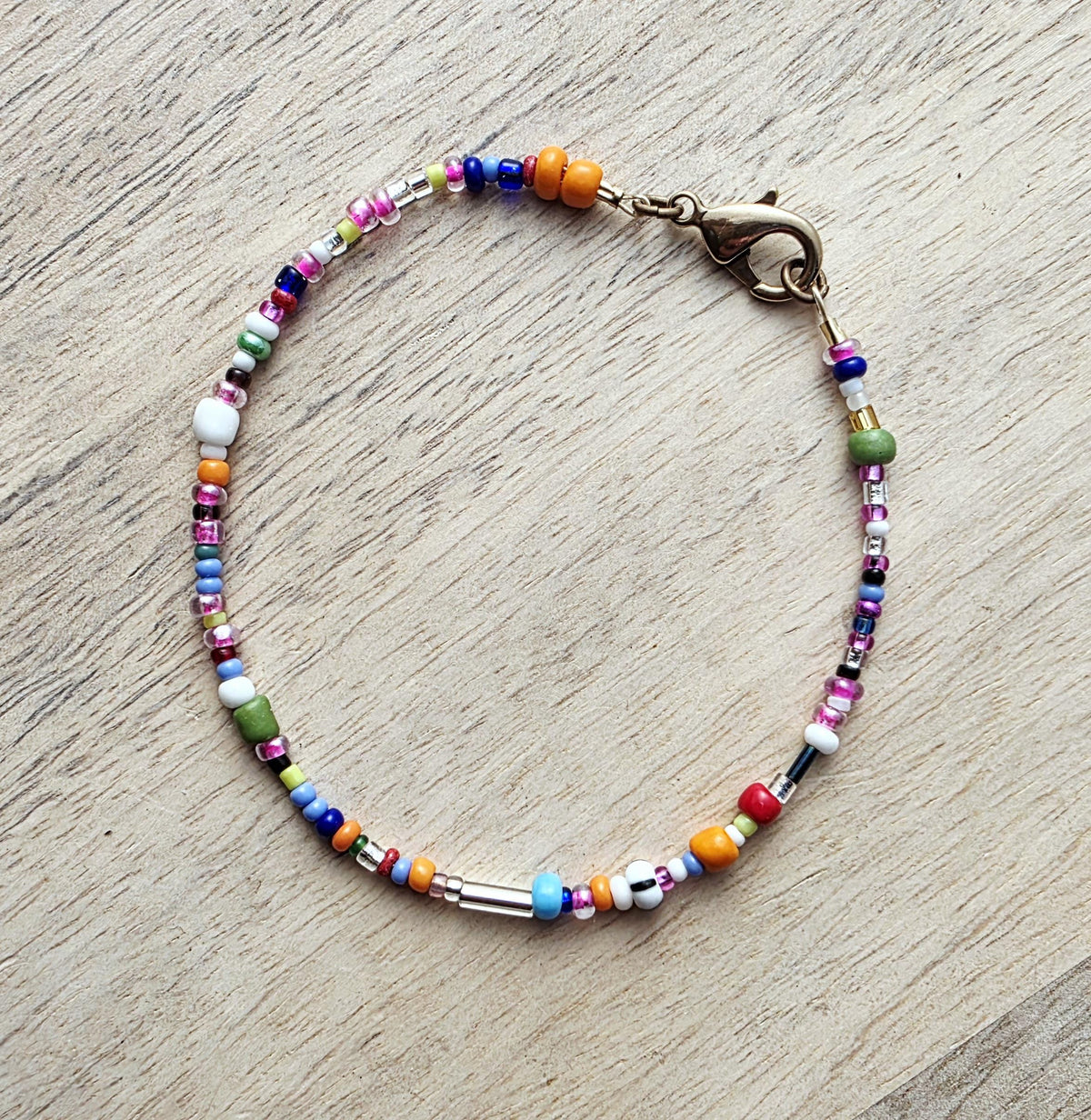 Multi-Colored Glass Seed Bead Bracelet, Mixed Sizes, Brass Lobster Claw Clasp, Gift Boxed, Made in USA