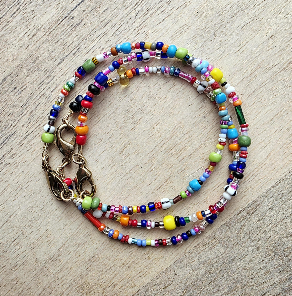 Multi-Colored Glass Seed Bead Bracelet, Mixed Sizes, Brass Lobster Claw Clasp, Gift Boxed, Made in USA