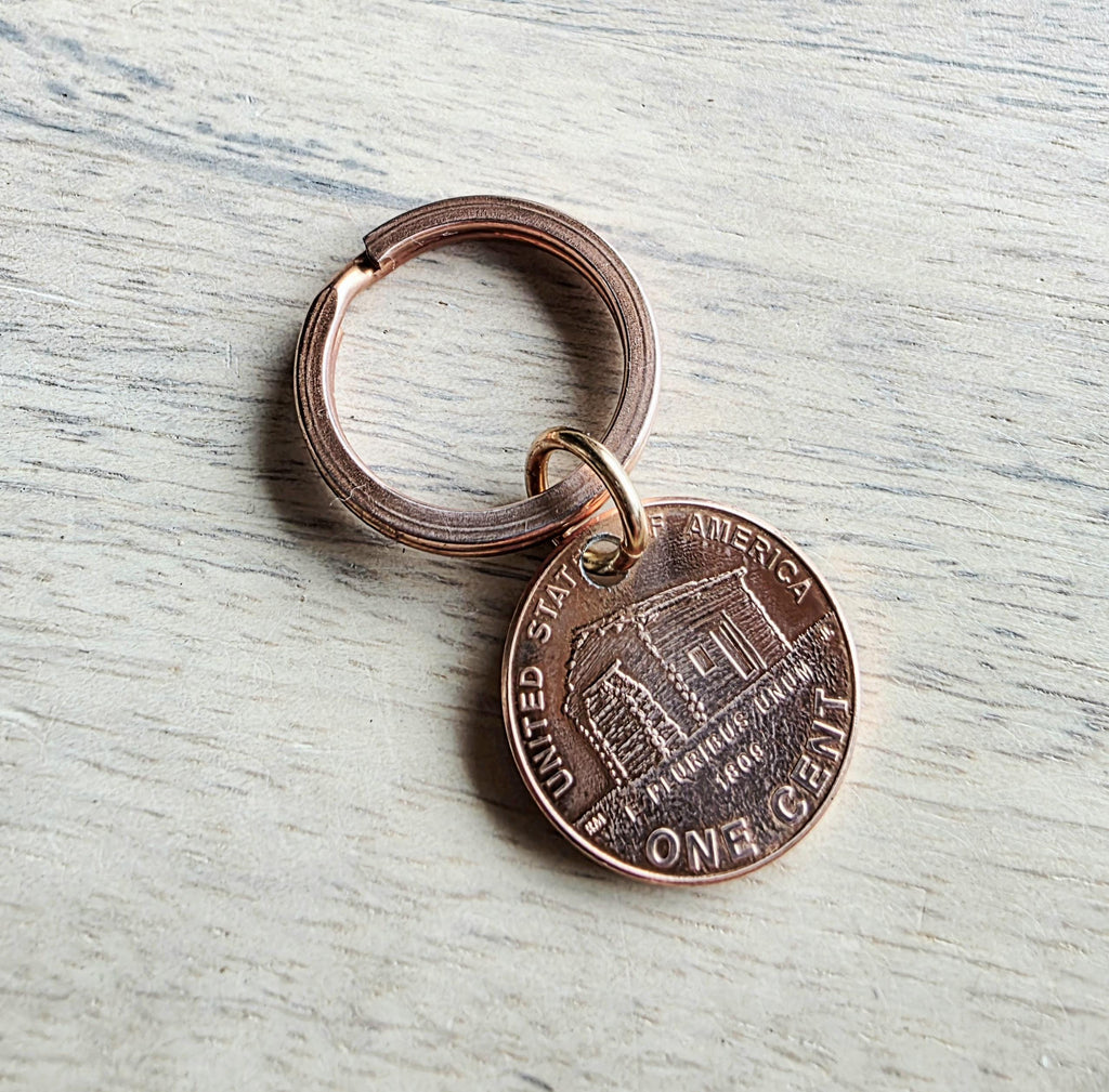 Lucky Penny Keyring, Copper Split Ring, 2009 U.S. Copper Penny Abraham Lincoln, Log Cabin, Illinois State Capitol