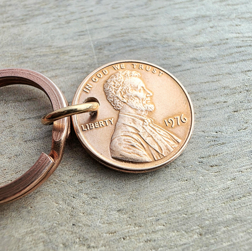 Lucky Penny Keyring, Copper Split Ring, 1976 U.S. Copper Penny Abraham Lincoln, United States Bicentennial Commemorative Coin