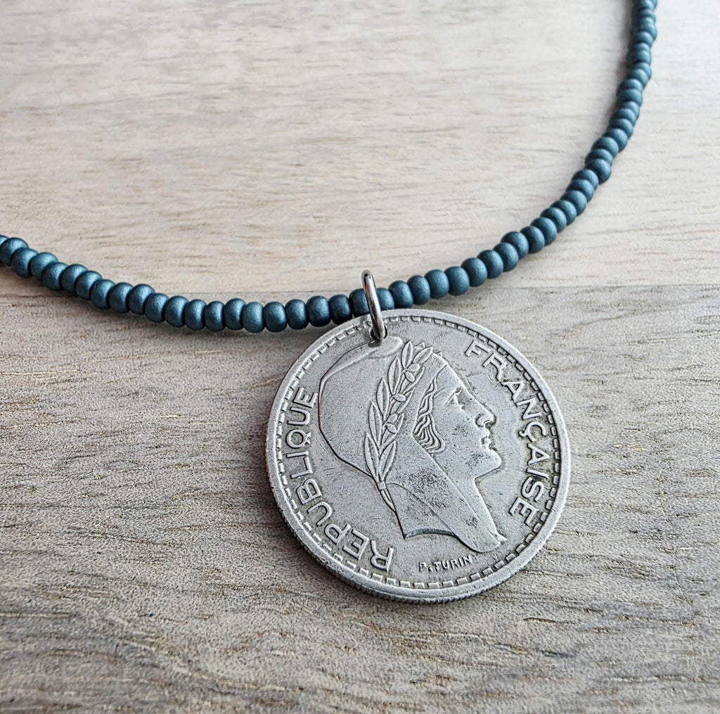 1948 French Coin Necklace, Dark Peacock Teal Glass Seed Bead Chain, 10 Francs, Gift Boxed, Made in USA