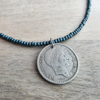 1948 French Coin Necklace, Dark Peacock Teal Glass Seed Bead Chain, 10 Francs, Gift Boxed, Made in USA