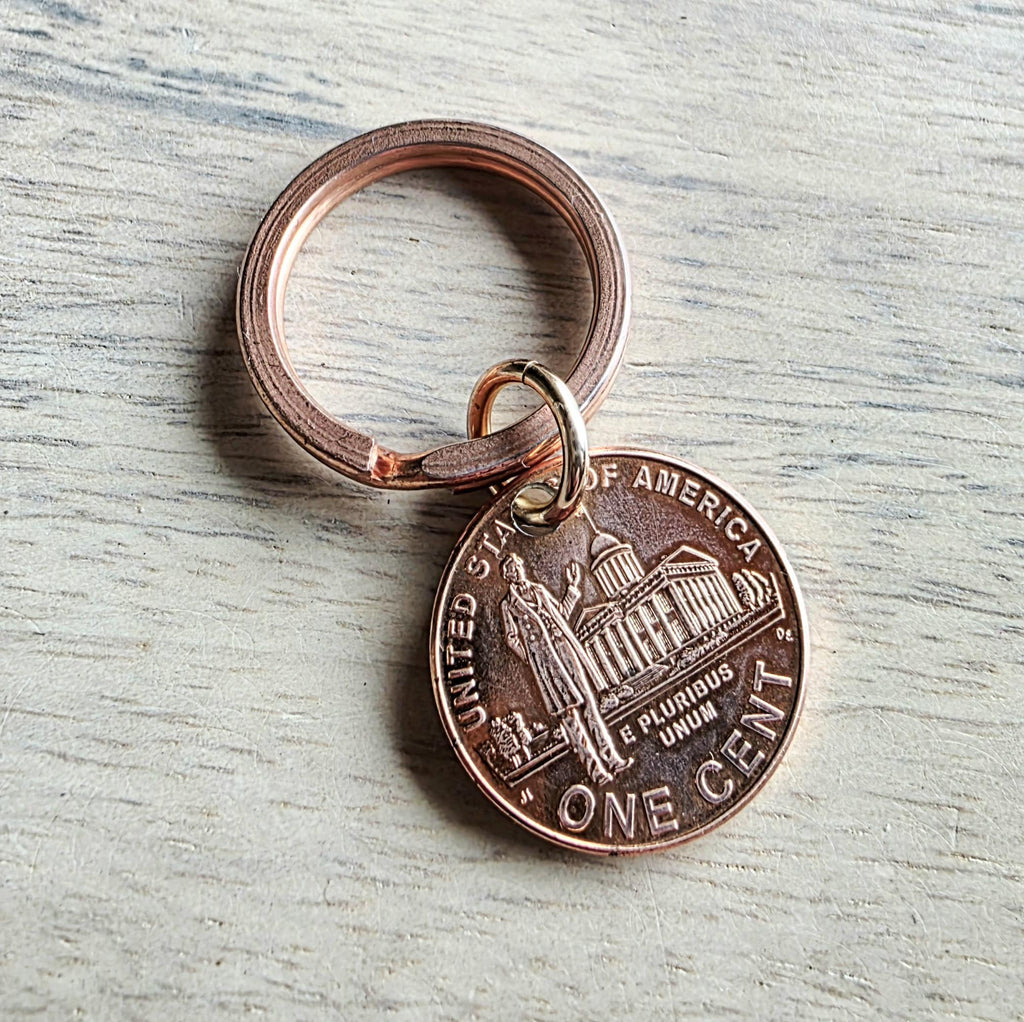 Lucky Penny Keyring, Copper Split Ring, 2009 U.S. Copper Penny Abraham Lincoln, Log Cabin, Illinois State Capitol