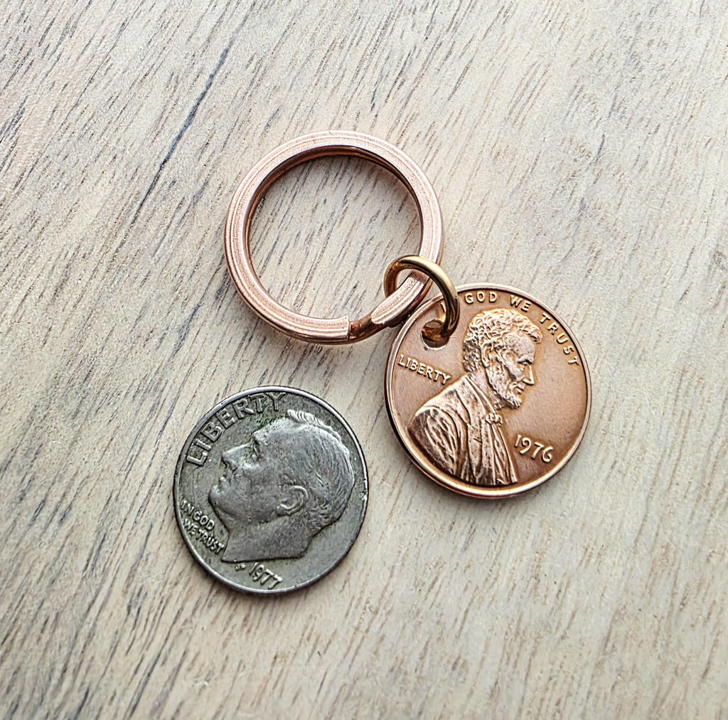 Lucky Penny Keyring, Copper Split Ring, 1976 U.S. Copper Penny Abraham Lincoln, United States Bicentennial Commemorative Coin