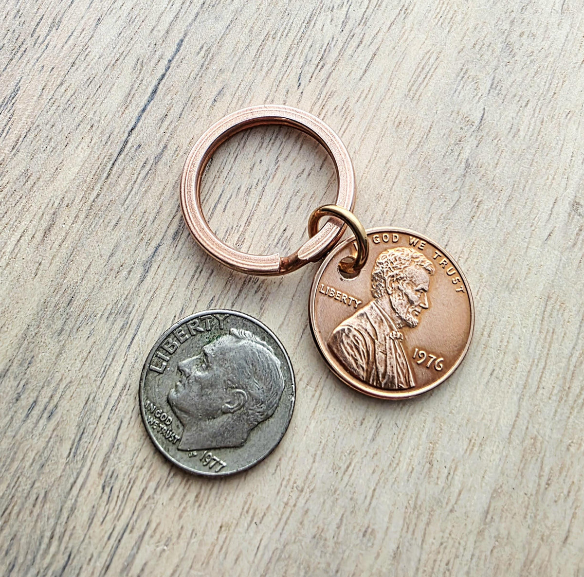Lucky Penny Keyring, Copper Split Ring, 1976 U.S. Copper Penny Abraham Lincoln, United States Bicentennial Commemorative Coin