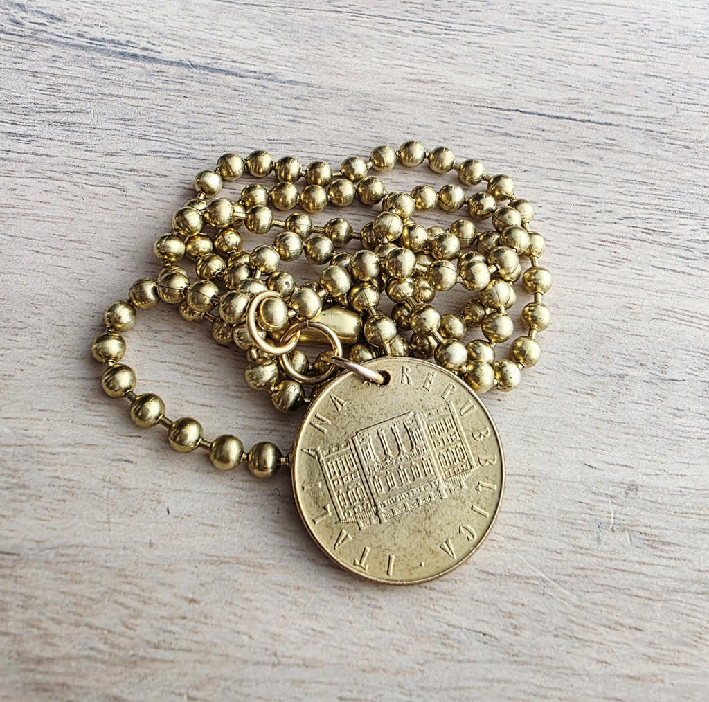 1981 200 Lire Italian Coin Necklace, Chunky Brass Ball Chain, World Food Day Coin, Made in USA